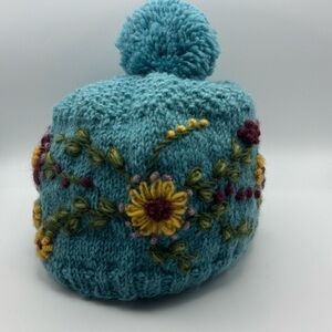 Lost Horizons Sundance Handmade Wool Knit Hat Floral Pom Fleece Lined Nepal